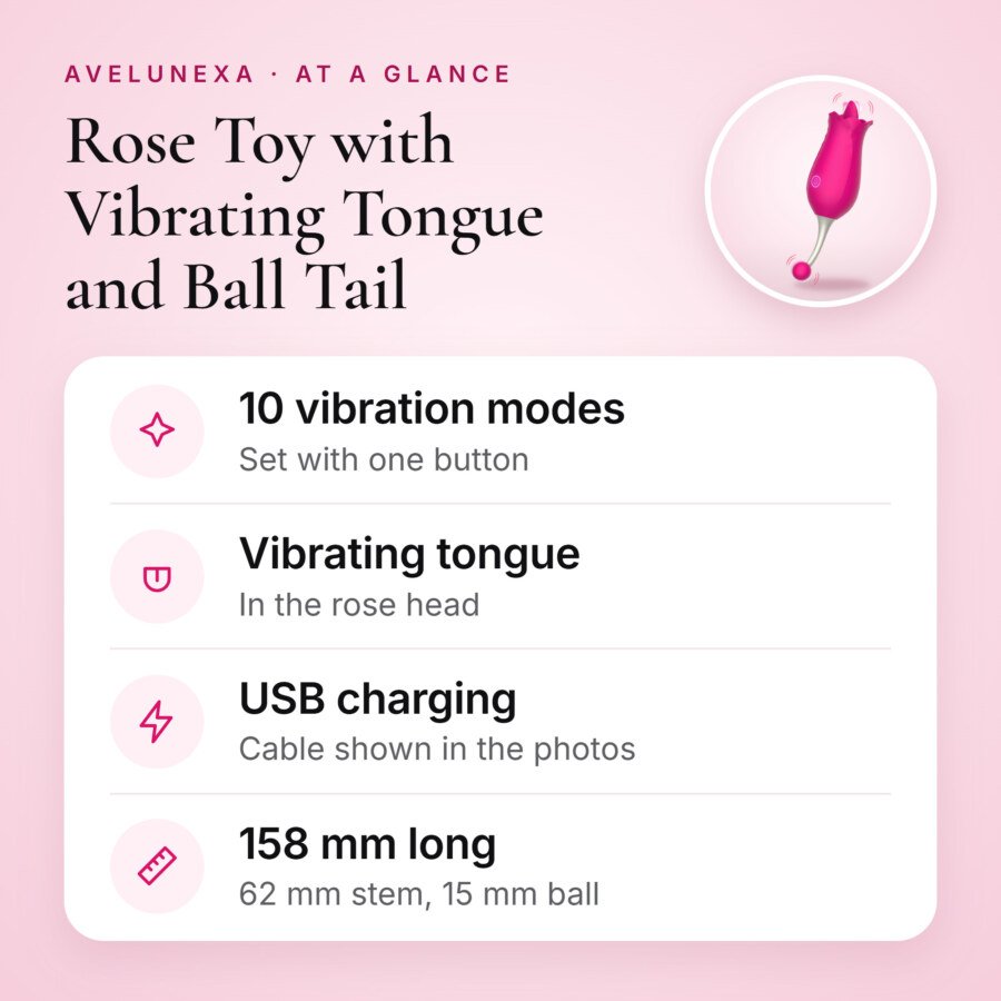 Rose Toy with Vibrating Tongue and Ball Tail – 10 Modes, Pink – key features at a glance