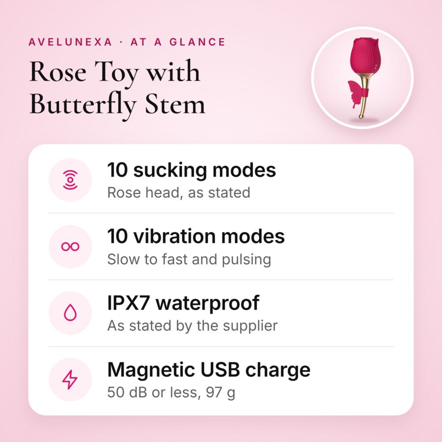Rose Toy with Butterfly Stem – 10 Sucking and 10 Vibration Modes, IPX7 – key features at a glance