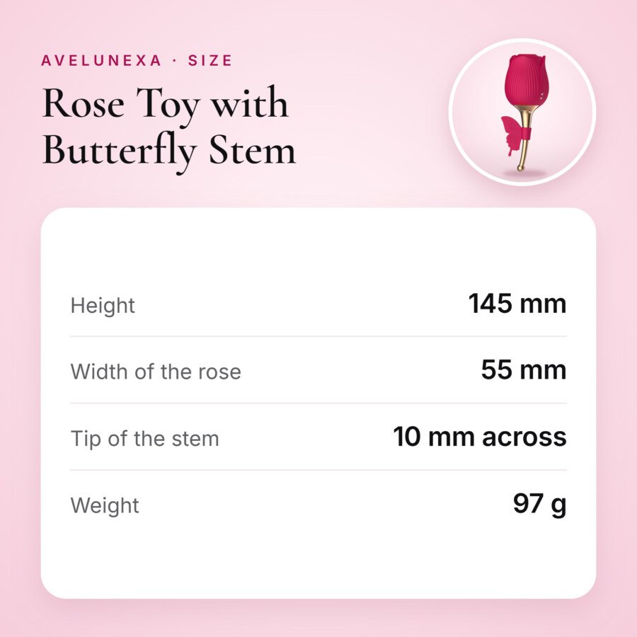 Rose Toy with Butterfly Stem – 10 Sucking and 10 Vibration Modes, IPX7 – size and measurements